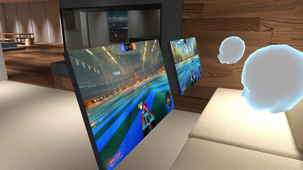 Playing Rocket League in Bigscreen virtual living room