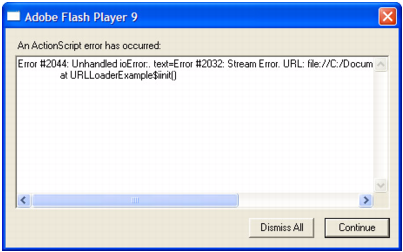 Screen shot of a Flash Player error dialog box. The box says "An ActionScript error has occured" and identifies the error as a Stream Error with a particular URL. Two buttons say "Dismiss All" and "Continue".